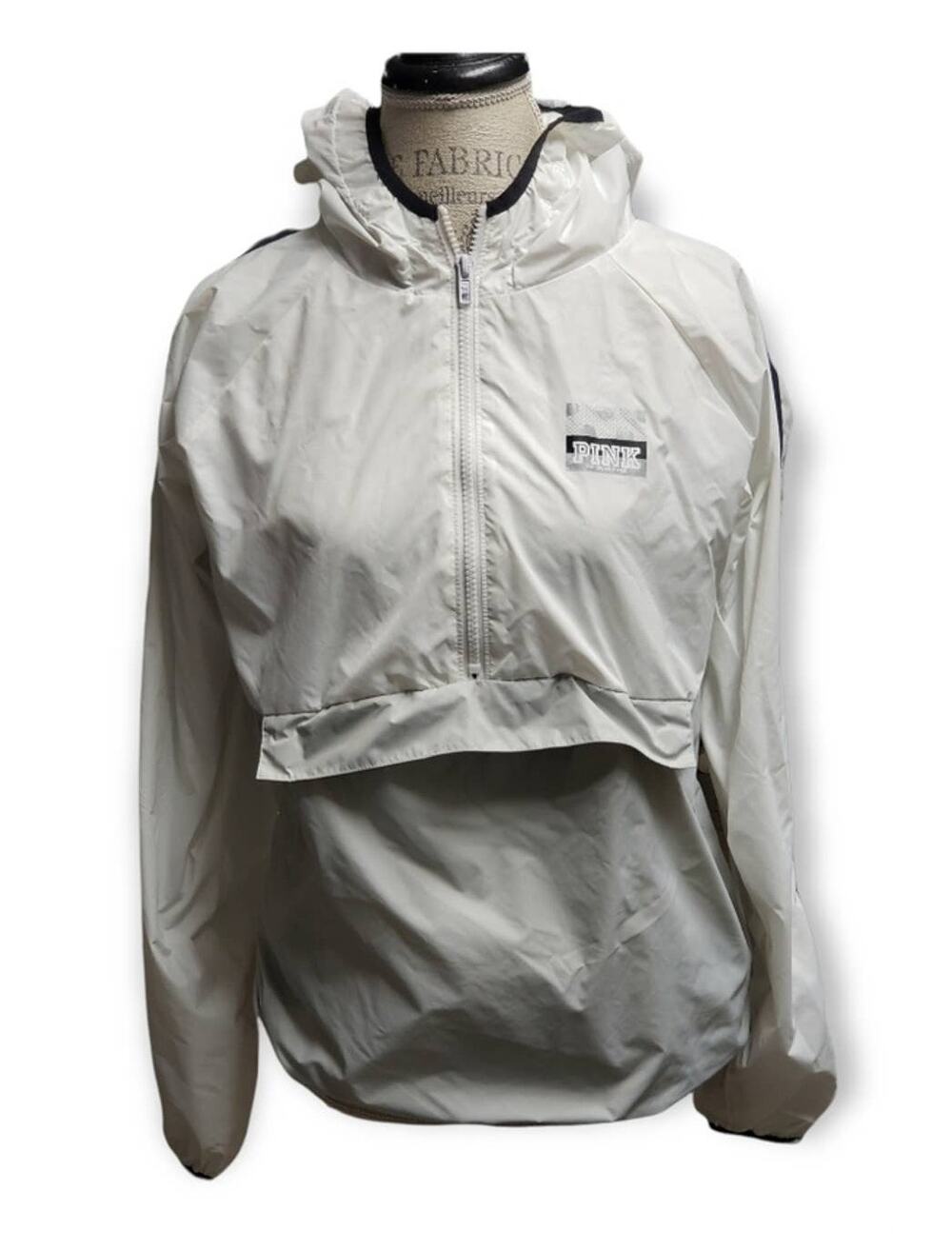 Victoria Secret PINK White / Gray Hooded Windbreaker Jacket Kangaroo Pocket